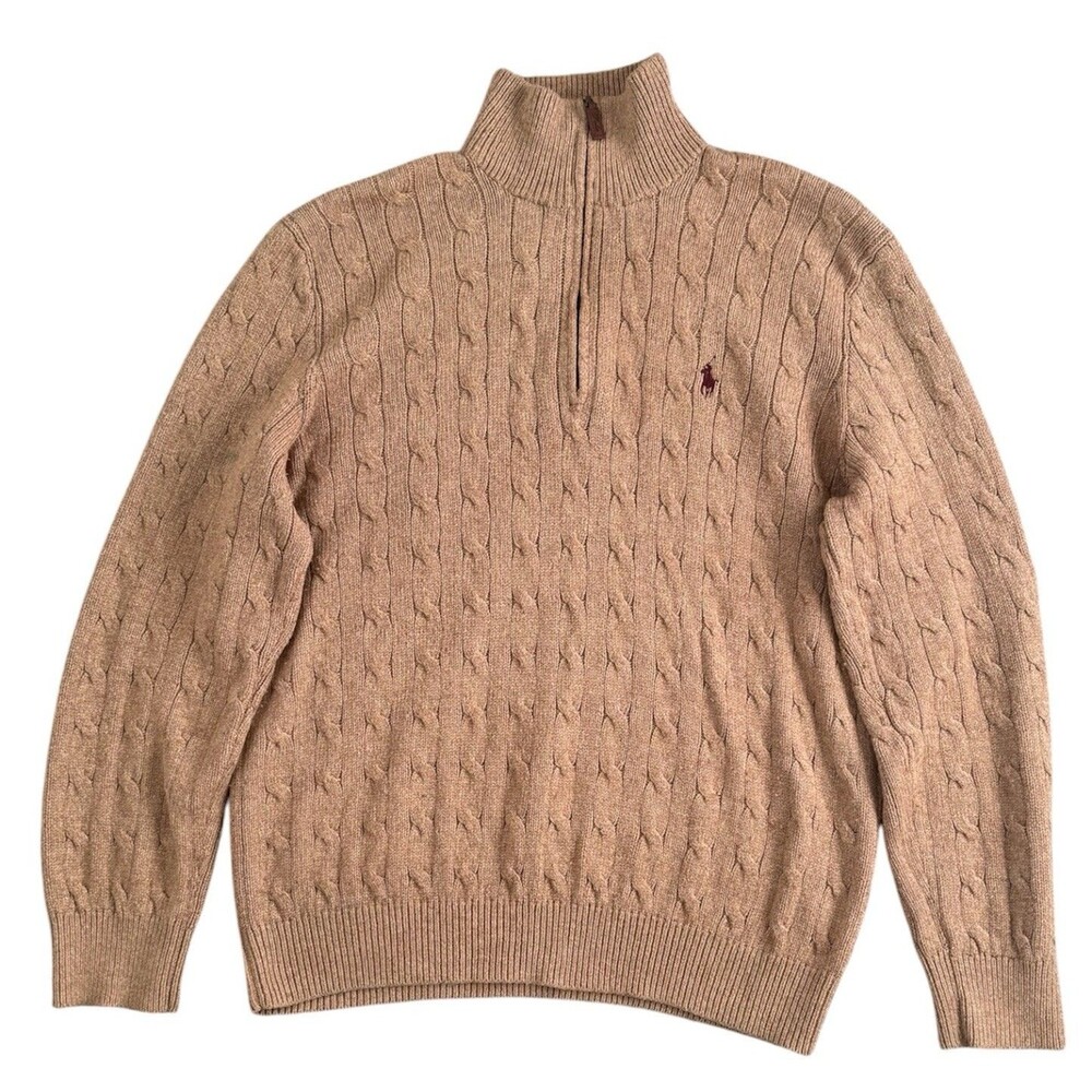 Polo Ralph Lauren Beige Tan 100% Silk Cable Knit Quarter Zip Logo Sweater Size L